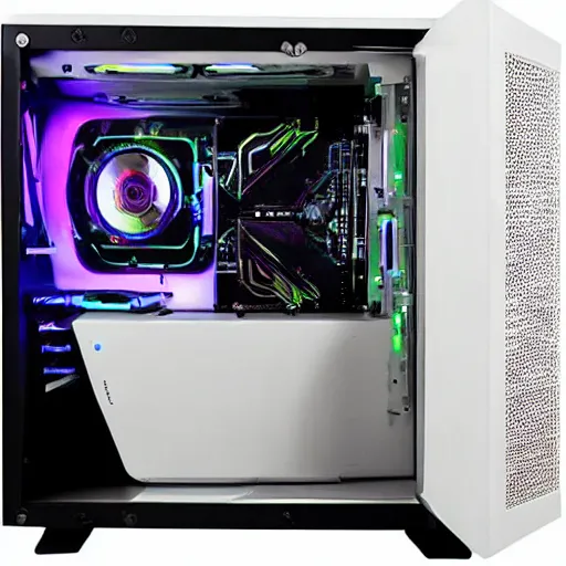 Image similar to futuristic!!! gaming pc with white lighting and a white case, hd photograph, highly detailed, intricate