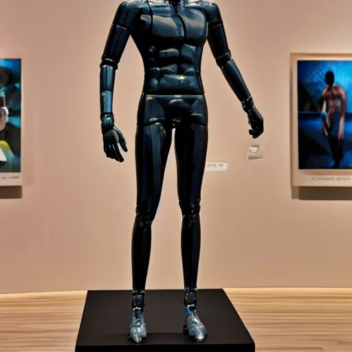 Image similar to a realistic detailed photo of a guy who is an attractive humanoid who is half robot and half humanoid, who is a male android, boxer and youtuber ksi, shiny skin, posing like a statue, blank stare, at the museum, on display