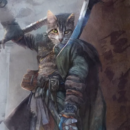 Image similar to a high detail shot of a dirty, homeless cat wearing rags, holstering sword, realism, 8 k, fantasy, d & d, concept art