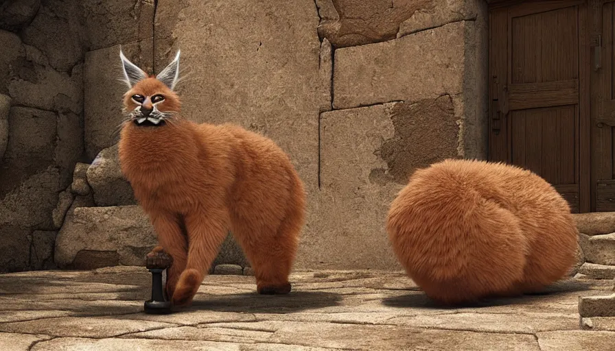 Image similar to wooden barrel on one side, fullbody photo of cute fluffy caracal in it, ancient greek city, sunny day, by ilya kuvshinov, rtx rendering, octane render 1 2 8 k, maya, extreme high intricate details by tom bagshaw, medium shot, close up shot, composition by sana takeda, lighting by greg rutkowski