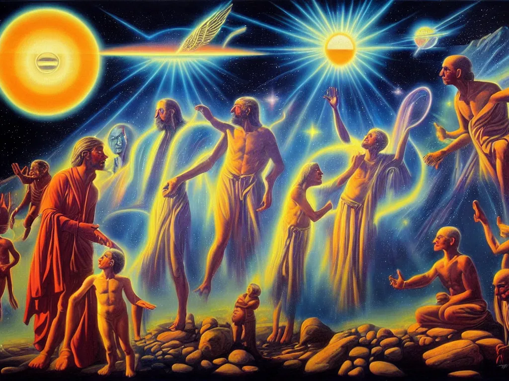 Image similar to a beautiful future for human evolution, spiritual evolution, divinity, enlightenment, utopian, by david a. hardy, wpa, public works mural, socialist