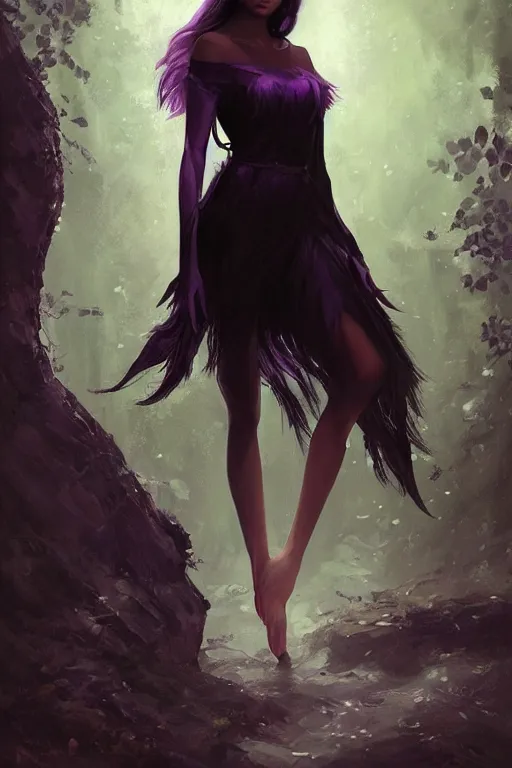 Image similar to portrait painting of female forest elf black hair, purple eyes, black dress, dramatic light, 8 k, by greg rutkowski