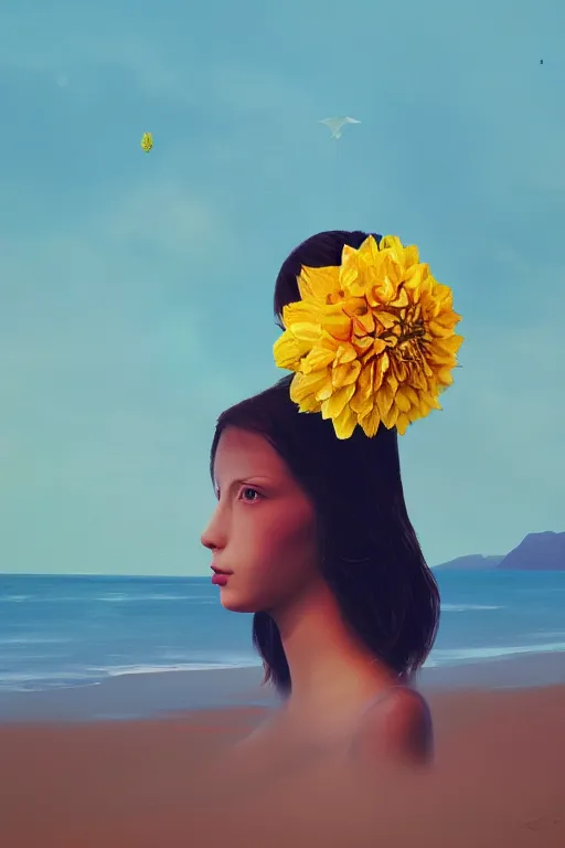 Image similar to closeup girl with huge yellow dahlia flower as a face, on beach, surreal photography, blue sky, sunrise, dramatic light, impressionist painting, digital painting, artstation, simon stalenhag