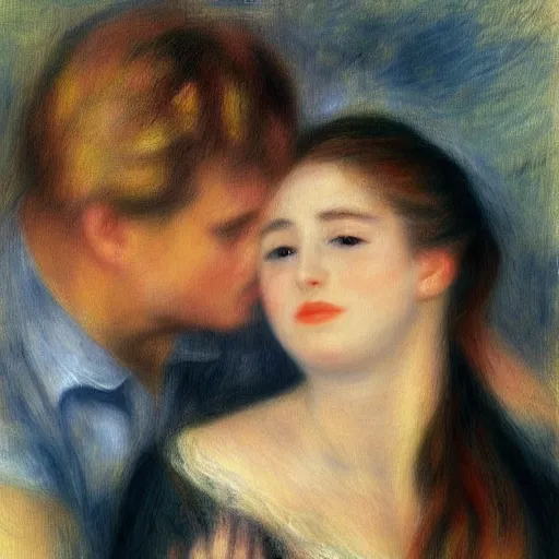 Prompt: in the style of Pierre-Auguste Renoir, I dreamt that we left all the pain and sorrows behind. We looked into our eyes as we placed our hands on each other’s chest, and all the love and happiness that had been dampened by our wounds emerged like a sprout. It felt like home. Our bodies were covered by soothing colors. Blue, violet, pink and white rays of light caressed our hearts, and suddenly, we were one. It was always meant to be that way, even though our heads tried to fool us in the past. We were one. ethereal lights, details, smooth, sharp focus, illustration, realistic, cinematic, artstation, award winning, rgb , unreal engine, octane render, cinematic light, macro, depth of field, blur, red light and clouds from the back, highly detailed epic cinematic concept art CG render made in Maya, Blender and Photoshop, octane render, excellent composition, dynamic dramatic cinematic lighting, aesthetic, very inspirational, arthouse.