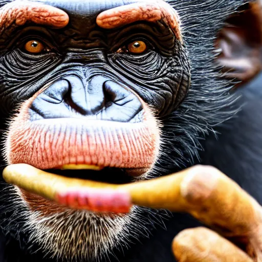 Image similar to a high detail closeup shot of a chimp wearing a suit, smoking a cigar