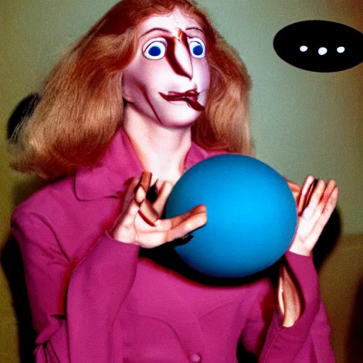 Image similar to woman with prosthetic nose enters an eyeball cult, 1981 children's tv show, color