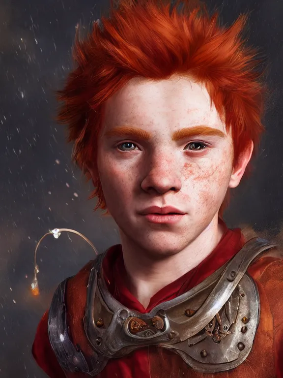 Prompt: portrait art of red - haired halfling bard 2 1 year old man!! freckles!!, 8 k ultra realistic, atmosphere, glow, detailed, intricate, full of colour, cinematic lighting, trending on artstation, 4 k, hyperrealistic, focused, extreme details, unreal engine 5, cinematic, masterpiece
