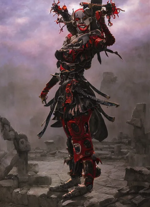 Image similar to portrait of a diabolical cyborg clown samurai girl, torn cape, adaptive armor, dynamic pose, heavy eyes to the side, ancient ruins, glowing veins subsurface scattering, in clouds, sunset, portrait, by gerald brom, by mikhail vrubel, by peter elson, muted colors, extreme detail, reflections, trending on artstation, 8 k