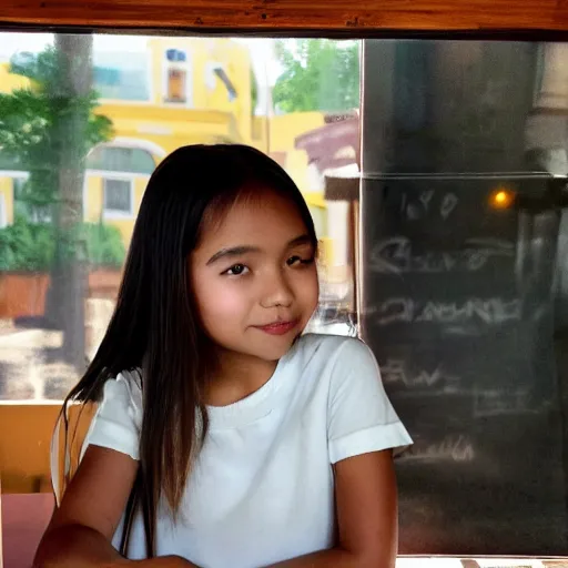 Image similar to a thin, pretty young Filipino girl sits in the window of a cute seaside Cafe with an espresso, golden morning light, cozy, incredible studio Ghibli style composition, award winning