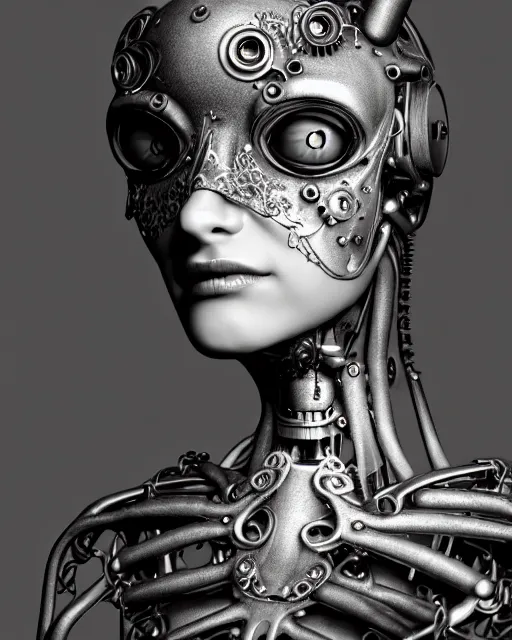 Image similar to black and white dreamy foggy smoky profile face portrait, one silver steampunk realistic eye biomechanical beautiful young female cyclope - cyborg - robot bust, body ribs meshes,, volumetric light, hibiscus flowers, by hg giger, rim light, by dora maar and cecile beaton, big gothic fashion pearl embroidered collar, 8 k