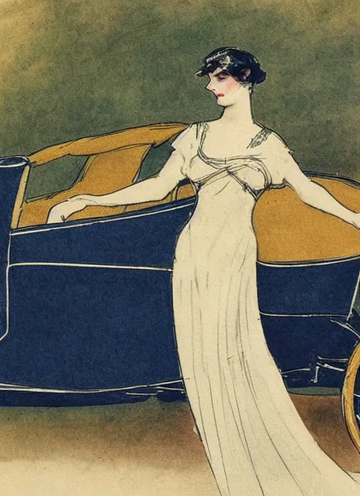 Image similar to Louis Icart, an old elaborate colored drawing of a woman posing eloquently in front of a 1920's car, wearing flowing dress, by Louis Icart, highly detailed, masterpiece