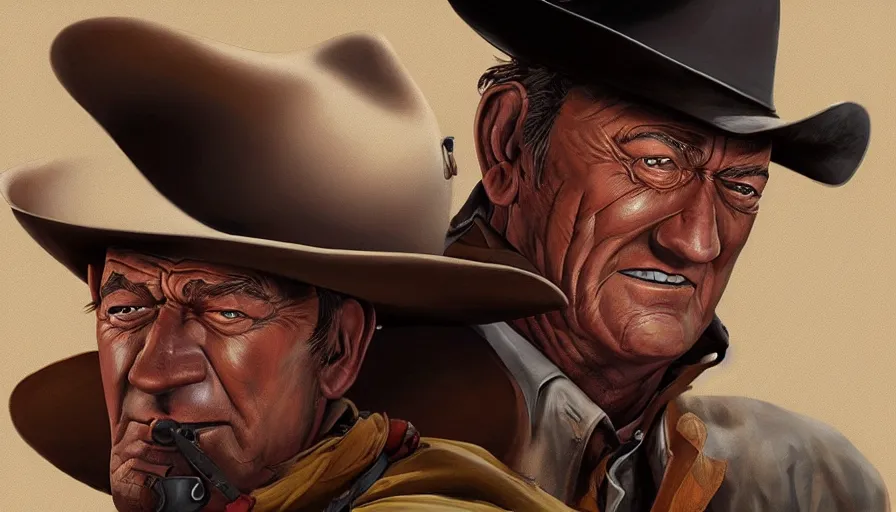 Prompt: Digital painting of John Wayne as Lucky Luke, hyperdetailed, artstation, cgsociety, 8k