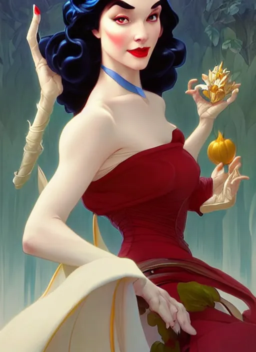 Image similar to disney snow white as a villain, intricate, elegant, highly detailed, my rendition, digital painting, artstation, concept art, smooth, sharp focus, illustration, art by artgerm and greg rutkowski and alphonse mucha and uang guangjian and gil elvgren and sachin teng, symmetry!!