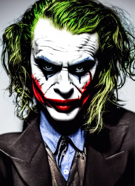 Image similar to photo of Margot Robbie as the Joker by Mario Testino, head shot, detailed, award winning, Sony a7R