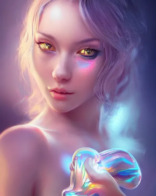 Image similar to cute woman cat chimera of iridescent liquid, alchemy, shiny plastic, intricate, bloom, detailed, volumetric lighting, sharp focus, photorealism, digital painting, highly detailed, concept art, by by artgerm and wlop