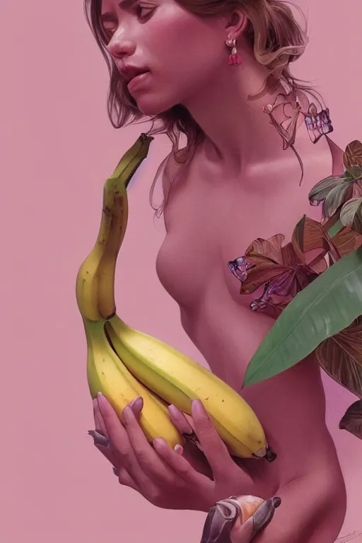 Image similar to ultra realistic illustration, banana plants drawing, pink background, elegant, highly detailed, digital painting, concept art, smooth, sharp focus, illustration, art by artgerm and greg rutkowski and alphonse mucha, haus and hues,