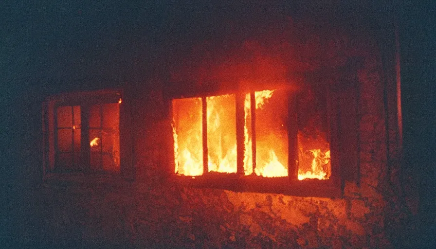 Image similar to 1 9 7 0 s movie still of a burning house windows in a small french village by night, cinestill 8 0 0 t 3 5 mm, heavy grain, high quality, high detail, dramatic light, anamorphic, flares