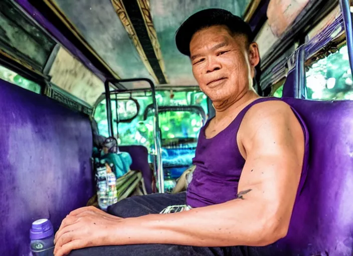 Image similar to thanos wearing a tanktop in a jeepney, real life photograph, award winning photograph, 4 k, high definition