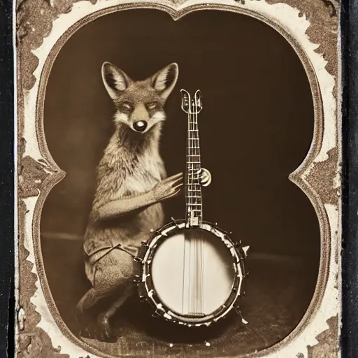 Image similar to A sepia-toned wet plate photograph, of a fox playing banjo, circa 1912, fox playing a banjo