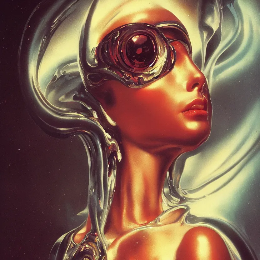 Prompt: a baroque neoclassicist close - up portrait of a alien woman with big glowing eyes dripping in iridescent futuristic liquid chrome. foggy background. renaissance portrait. highly detailed science fiction painting by norman rockwell, frank frazetta, and syd mead. rich colors, high contrast, gloomy atmosphere, dark background. artstation