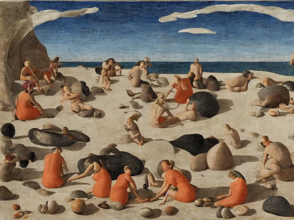 Prompt: Women and men sitting on the sand collecting sea sea shells and corals. Landscape sculpted by Henri Moore. Painting by Piero della Francesca, Morandi, Balthus