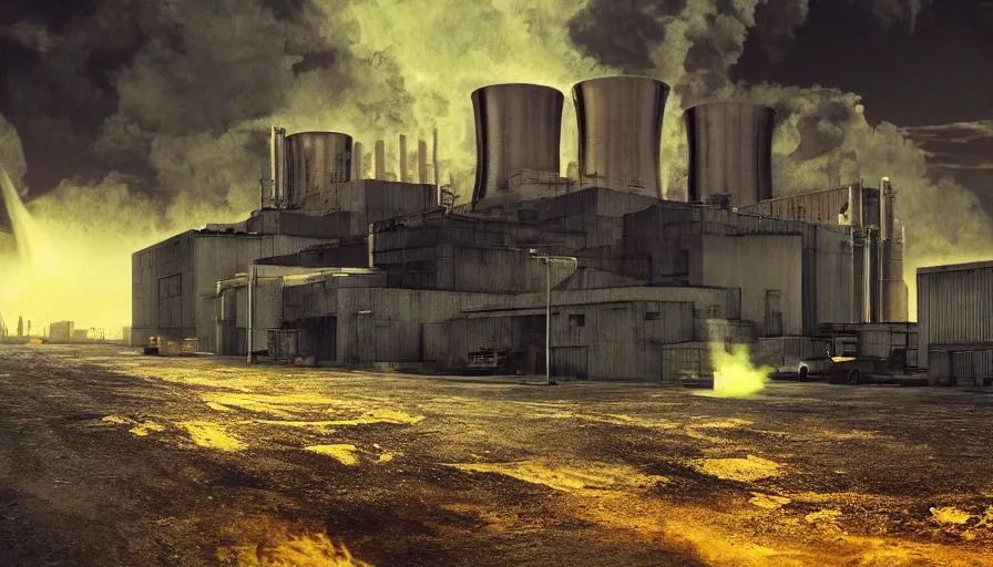 Image similar to Outside a Factory, Glowing Nuclear Waste Fluids Gush out of a Nuclear Facility, Dystopian, Hyperrealistic Rendering, Cinematic Lighting, High Contrast