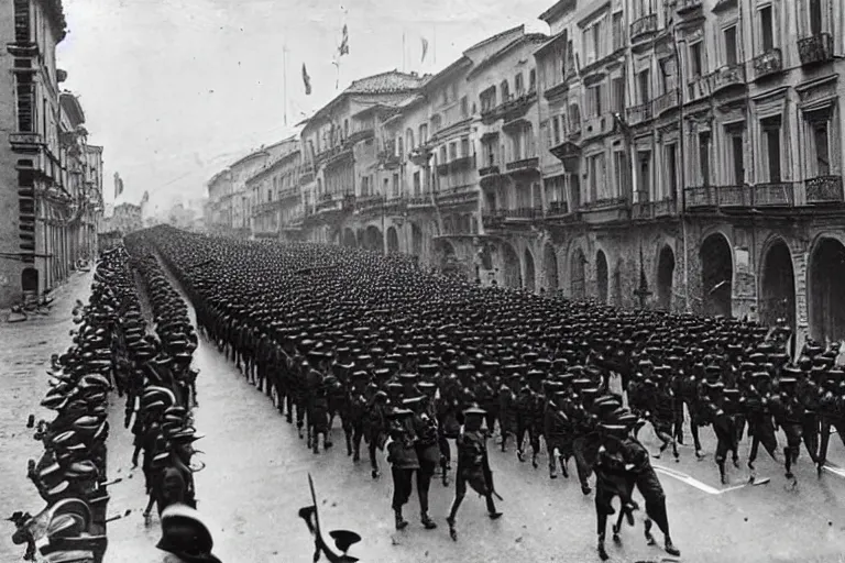 Image similar to occupying army marching through italian - style city, 1 9 0 5, black and white photography