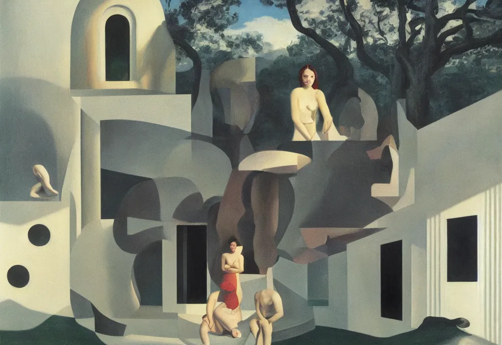 Image similar to three of people pictured in afternoon light, background of surreal architecture with an open ceiling, trees and absurd objects : : close - up of the faces, surrealist oil painting by edward hopper, dora maar and rene magritte