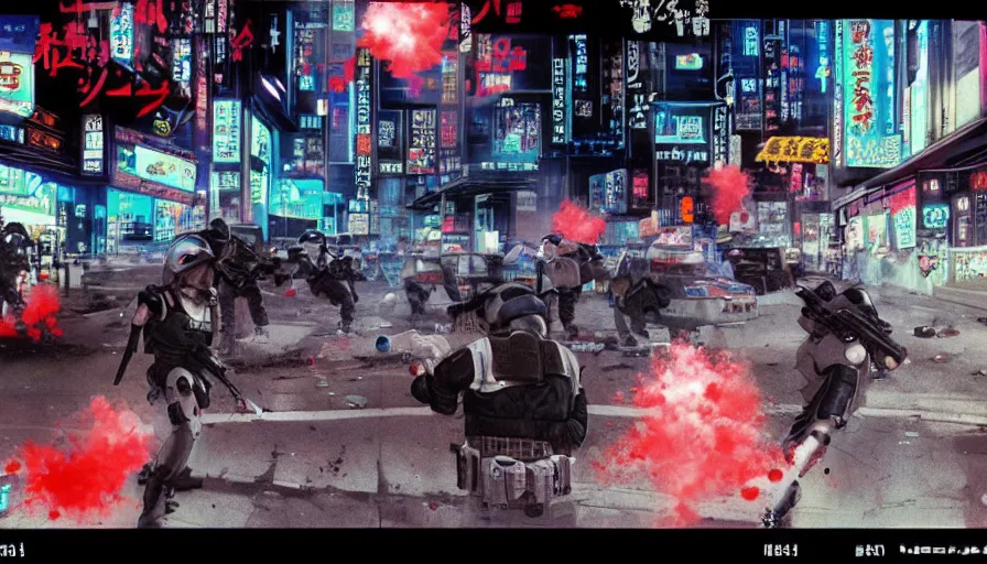 Prompt: 1988 Video Game Screenshot, Anime Neo-tokyo Cyborg bank robbers vs police, Set in Cyberpunk Bank Lobby, Multiplayer set-piece :9, Police officers under heavy fire, Police Calling for back up, Bullet Holes and Blood Splatter, :6 Smoke Grenades, Riot Shields, Large Caliber Sniper Fire, Chaos, Anime Cyberpunk, Anime Bullet VFX, Machine Gun Fire, Violent Gun Action, Shootout, Escape From Tarkov, Intruder, Payday 2, 8k :4 by Katsuhiro Otomo: 9