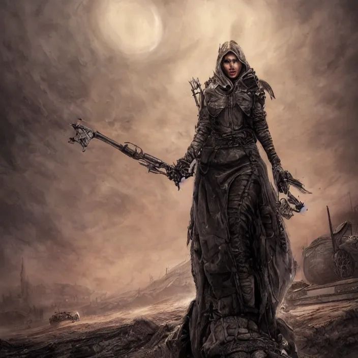 Image similar to beautiful apocalyptic woman in hooded cloak, standing on mad max panzer tank, hyper-detailed, smooth, sharp focus, 4k ultra hd, fantasy dark art, tank girl, artgerm, artstation, octane render, elegant, detailed digital painting, apocalyptic art, unreal engine