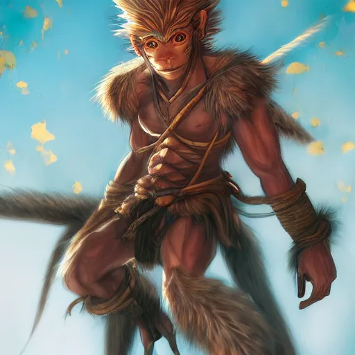 Image similar to detailed beautiful sun wukong art of a protagonist, depth of field, on artists amino, artists reddit by sakimichan patreon, wlop, weibo high quality art on artstation