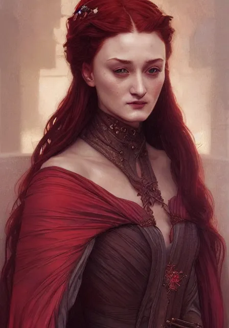 Image similar to portrait of red sansa stark, intricate, elegant, highly detailed, digital painting, artstation, concept art, smooth, sharp focus, illustration, art by artgerm and greg rutkowski and alphonse mucha and william - adolphe bouguereau