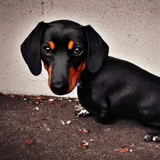 Image similar to Emo dachsund, goth aesthetic, ultra HD photo, 8k award-winning, gothic emo scene dog