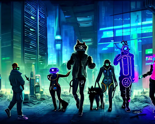 Image similar to high - resolution photograph from a cyberpunk era furry fandom convention ( midwest furfest 2 0 4 7 ), taking place after the genetic revolution and quantum singularity. photorealistic.