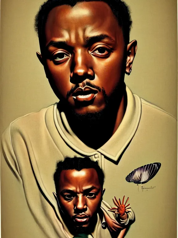 Image similar to kendrick lamar portrait by gil elvgren and norman rockwell and rob gonsalves and hajime sorayama, hyperrealistic, high detail, ultra detailed, highly detailed face, ruffled fabric