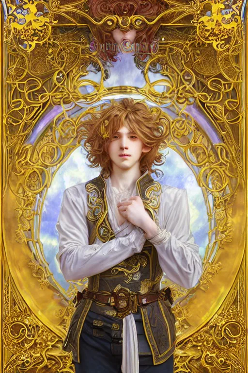 Image similar to fullbody portrait of a young hero with curly blond hairs, soft smile, baroque cloth, luminous scene, final fantasy and legue of legends champion, by chengwei pan and alpfons mucha, gradient white to gold, in front of an iridescent magical building background, highly detailed portrait, digital painting, smooth, focus illustration