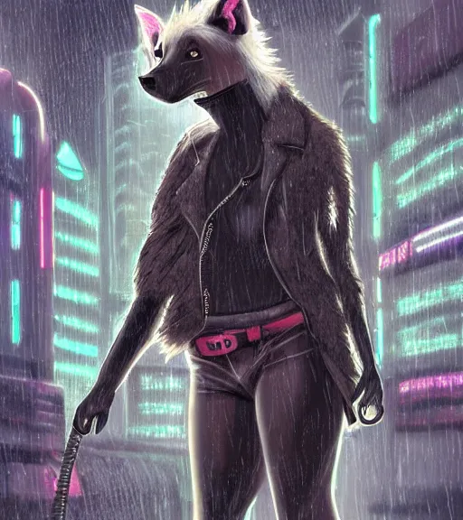 Image similar to digital painting of anthromorphic hyena female smoking cigarrete, fursona, furry fandom, furaffinity, neon rainy cyberpunk setting, anthro, wearing cyberpunk leather jacket, detailed face, blade runner, zootopia style,