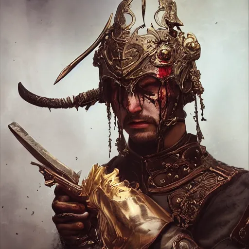 Image similar to a beautiful ultradetailed fine art old vintage bloodstained dark warrior, wild and butcher with ancient weapons with blood, by tom bagshaw and zach sutton, vignette, 3 5 mm lens, golden ratio composition, studio photography, very detailed, humanoid, artstation, 8 k, highly coherent