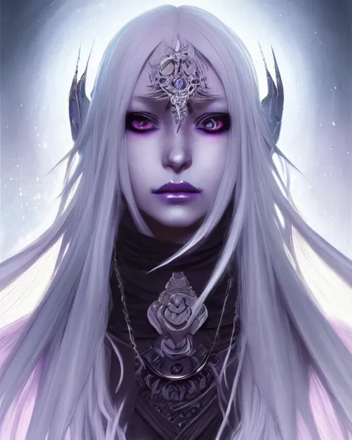 Image similar to portrait of an anime female drow necromancer, hd, illustration, epic, d & d, fantasy, intricate, elegant, highly detailed, digital painting, artstation, concept art, smooth, sharp focus, illustration, art by artgerm and greg rutkowski and alphonse mucha, monster hunter illustrations art book