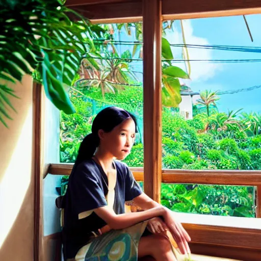 Image similar to a thin, pretty young Filipino woman sits near the window of a cute seaside Cafe with an espresso, golden morning light, cozy, tropical plants, still from Spirited Away