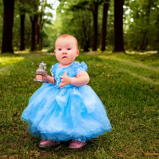 Prompt: photograph of a baby wearing a cinderella dress, in america, 8 k, award winning