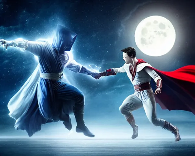 Image similar to still of moon knight vs dr. strange, in the tv marvel movie moon knight, photorealistic, real life, hdr soft focus, long exposure