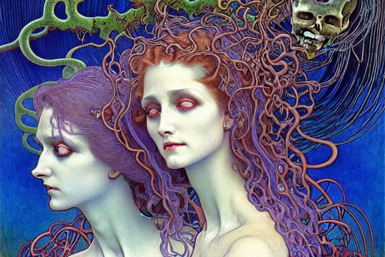 Image similar to realistic detailed portrait painting of a beautiful ghost woman with a male zombie, nightly graveyard landscape background by Jean Delville, Amano, Yves Tanguy, Alphonse Mucha, Ernst Haeckel, Edward Robert Hughes, Roger Dean, rich moody colours, blue eyes