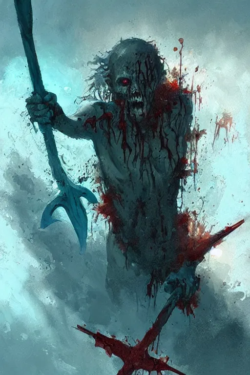 Prompt: painting by greg rutkowski of a drowned zombie with!! glowing cyan eyes!!, holding a trident, underwater