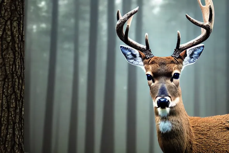 Prompt: a close up of the head of a deer with striking blue eyes , background of a landscape misty forest scene, the sun glistening through the trees