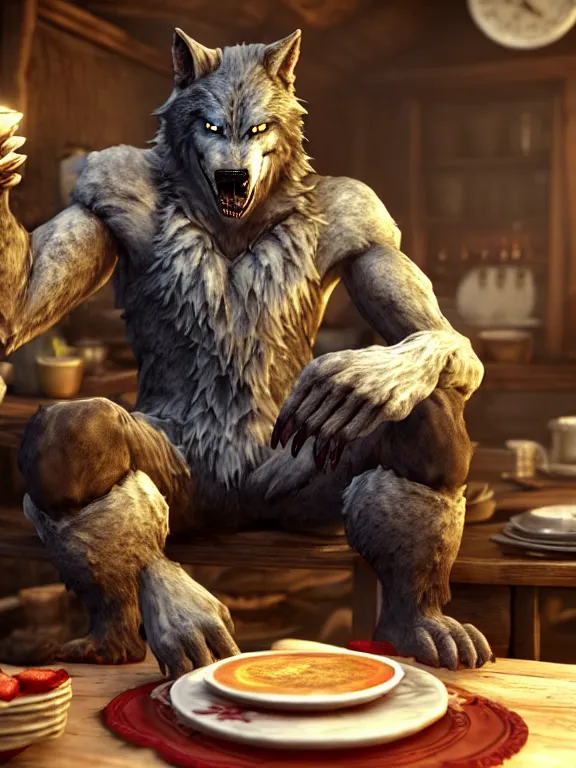 Image similar to cute handsome cuddly burly surly relaxed calm timid werewolf from van helsing sitting down at the breakfast table in the kitchen of a normal country home cooking having fun lighthearted whimsy whimsical baking strawberry tart cakes unreal engine hyperreallistic render 8k character concept art masterpiece screenshot from the video game the Elder Scrolls V: Skyrim