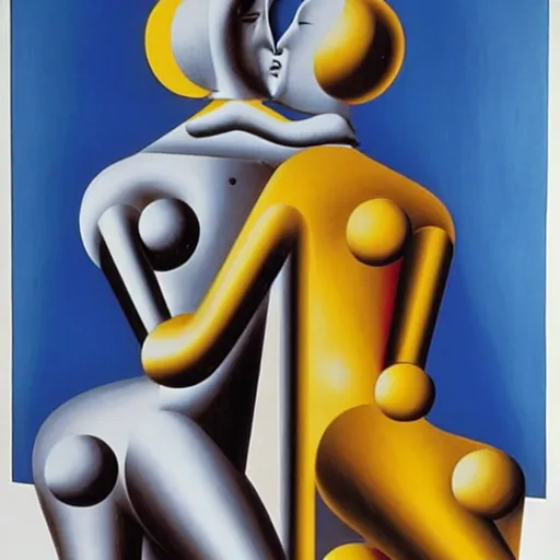 Prompt: Oil painting by Oskar Schlemmer. Two mechanical gods kissing. Dali.