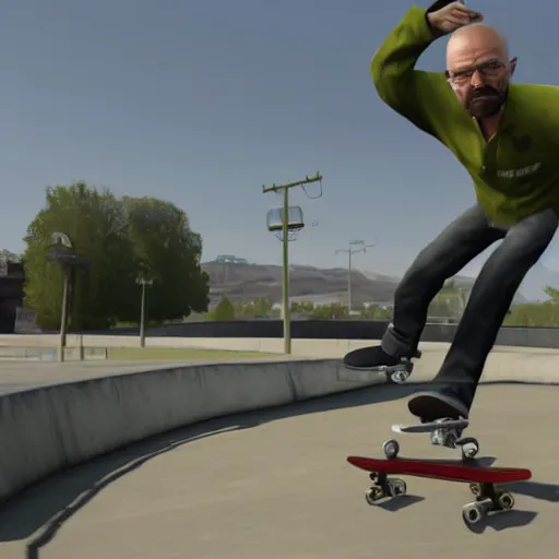 Image similar to Walter White skateboarding in Skate 2, ps3 screenshot, xbox 360 screenshot, 4k, realistic face, insanely detailed