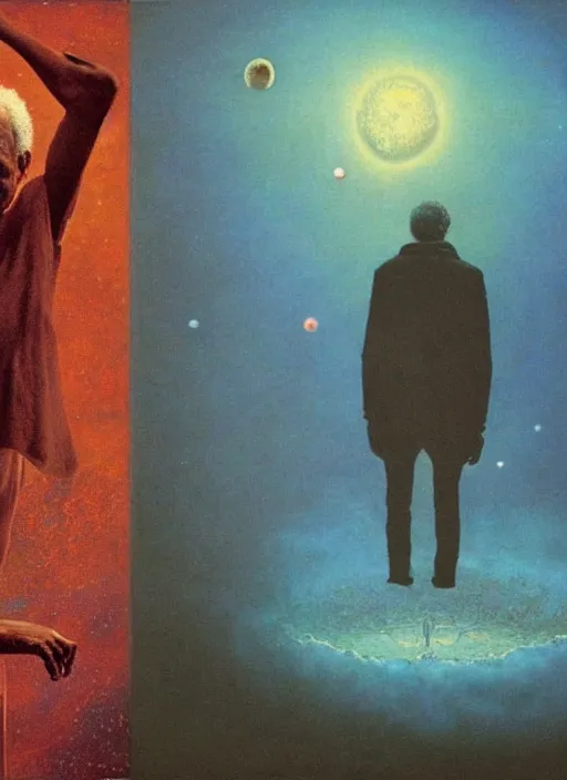 Prompt: Morgan Freeman exploring the space as creator of the world, overview in style of beksinski