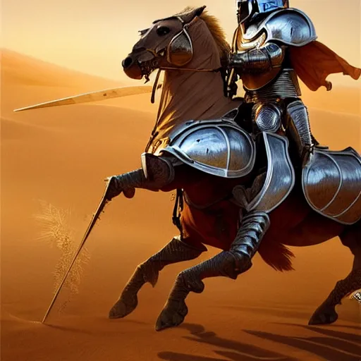 Prompt: Realistic photo of the king of the Desert in Battle, Knight with a golden helmet and a Silver Armour, Sand, Heroic Battle Scene, dark fantasy, intricate, cinematic lighting, highly detailed, digital art, trending on Artstation, 8k, photorealistic, art by Artgerm and Greg Rutkowski and Alphonse Mucha